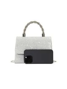 闪亮优雅简约纯色亮片蝴蝶结装饰女士手提包/手拿包，适合派对、婚礼、聚会、情人节约会等场合。 - 銀色 - 查看 4