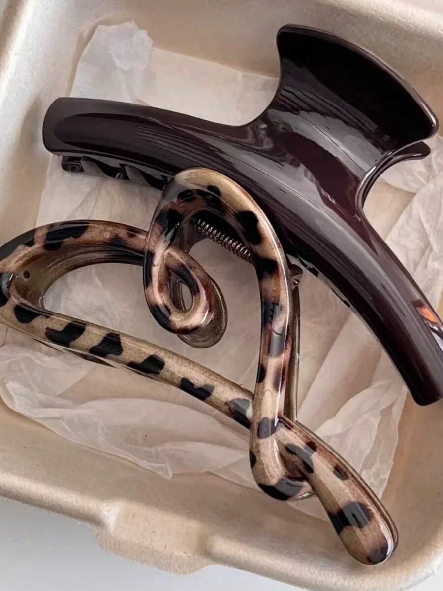 1pc Coffee Leopard Print Heart-Shaped Claw Hair Clip, High-End Hair Accessory, 2025 New Arrival - Multicolor - View 1