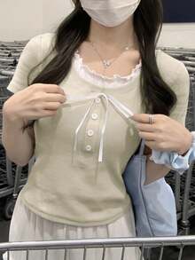 新款修身對比色 2 合 1 甜美短袖 T-shirt 上衣 休閒夏季款 - 杏色 - 查看 10