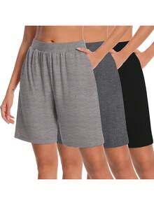 3 Pack Women's Bermuda Shorts High Waist Stretch Knee Length Bottoms Summer Athletic Casual Short With Pockets - 黑色/淺灰/深灰 - 查看 7