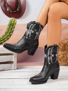 2026 New Women's V-Cut Embroidered Shaft Chunky Heel Cowboy Boots, Retro Short Ankle Pointed Toe Western Boots - Black - View 1