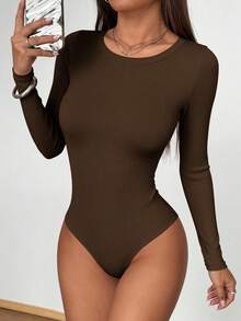 Women Spring Bodysuits For Long Sleeve Shirts Fitted Basic Ribbed Layering Bodys Tops Fall Fashion Winter Clothes Brown Vacation Rompers Outfits For Women - Brown - View 3