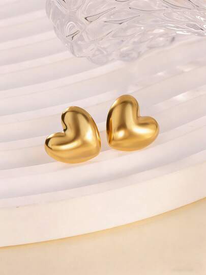 18K Gold Plated Stainless Steel Big Heart Earrings, Women/Mom Style, Gold Color Non-Fading Earrings, Wedding Jewelry, Beach Holiday Accessories, Valentine's Day And Mother's Day Gift