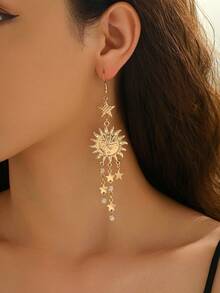 一对优雅的新月日不对称流苏耳环，精致闪耀，适合秋冬季节、日常佩戴、派对、节日、假日等场合。 - 金黃色 - 查看 2