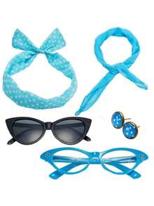 This 5-Piece Set, Suitable For Women In Their 20s, 40s, 50s, And 70s, Includes A 1950s Retro Solid Color Scarf, Cat-Eye Glasses, A Polka Dot Headband, And Gloves. It's Perfect For 1950s-Themed Solid Color Parties, Halloween Cosplay, Costume Parties, Everyday Wear, Themed Parties, And Valentine's Day Women's Party Accessories.
