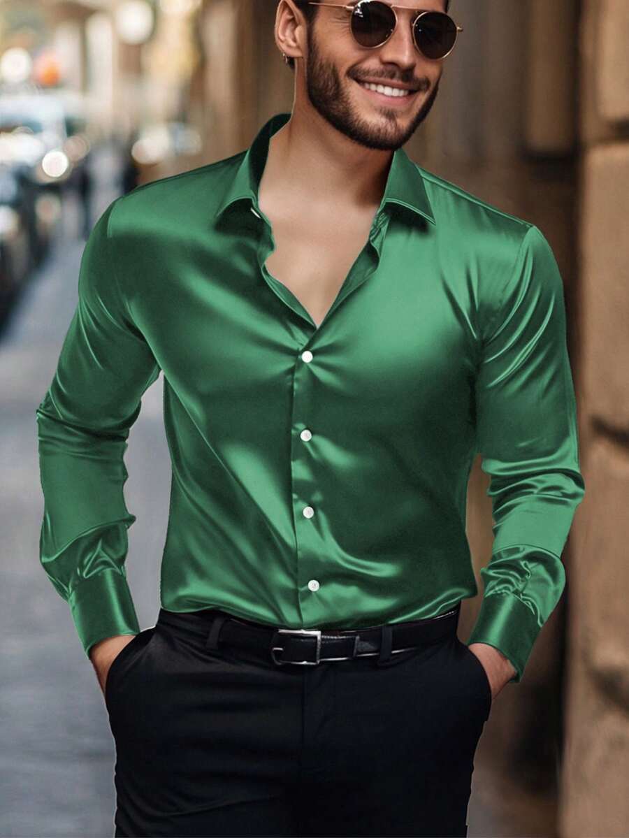 NITAGUT 男士休闲纯色缎面衬衫，春秋装，秋季