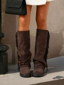 Women's Slouchy Fold Over Fringe Knee High Boots Chunky Block Heel Calf Boots Cool Fashion Tassel Motorcycle Outdoor Party Dress Lady Shoes Woman - 巧克力棕 - 查看 4