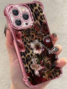 1pc Leopard Cherry Flowers Compatible For IPhone 17 /16/ 15/ 14/ 13/ 12/ 11/ Plus/ Pro/ Pro Max 17Air And Galaxy S25/S24 Plus/S23/S22/S21 Ultra ,Four Corner Anti Fall Transparent Soft Shell Anti-Slip, Anti-Drop, Camera Lens Protection, Silicone Anti Wear Phone Case - Hồng - Xem 4