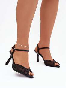 Sandálias femininas elegantes para a noite, com salto agulha fino, detalhes brilhantes e aplicações em tela. Cor: Peloria, douradas e pretas. - Preto - Ver 5