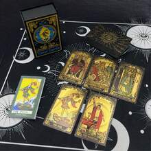 经典星空金色轮盘PET塔罗牌礼盒套装 - 78张黑金塔罗牌，适合初学者，多模式原创塔罗牌 - 塔罗牌指南，塔罗牌含义详解（适合初学者和专家），尺寸：4.7英寸*2.8英寸（12厘米*7厘米），命运，占卜，神谕卡，圣诞节，万圣节，感恩节，礼物，算命，未来，预言，塔罗牌礼品 - 彩色 - 查看 4