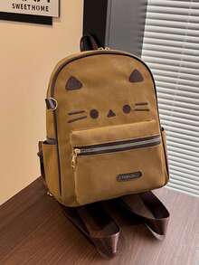 Mochila de gran capacidad con bordado de gato lindo en color caqui, bolso escolar de moda, adecuado para estudiantes de secundaria y universidad, también como regalo de vacaciones - Multicolor - Ver 4