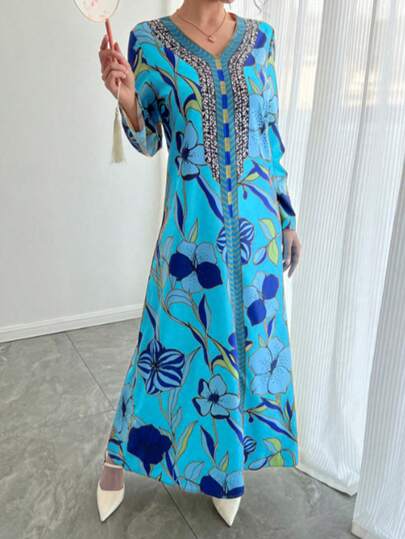 1pc Women's V-Neck Long Sleeve Casual Everyday Dress, Elegant Ditsy Floral Dress, New Arabic Style Dress, Beautiful Dress Suitable For Parties, Galas, Holidays, Ramadan, Great Gift For Mom And Daughter