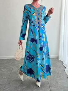 1pc Women's V-Neck Long Sleeve Casual Everyday Dress, Elegant Ditsy Floral Dress, New Arabic Style Dress, Beautiful Dress Suitable For Parties, Galas, Holidays, Ramadan, Great Gift For Mom And Daughter - Blue - View 3