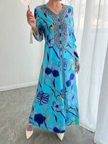 1pc Women's V-Neck Long Sleeve Casual Everyday Dress, Elegant Ditsy Floral Dress, New Arabic Style Dress, Beautiful Dress Suitable For Parties, Galas, Holidays, Ramadan, Great Gift For Mom And Daughter - Blue - View 9