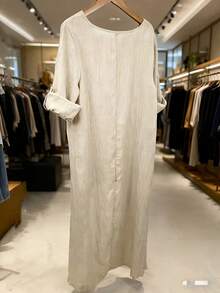 Women's Linen Irregular Long Top, Round Neck Loose Shirt, Lightweight And Breathable, Layered And Stylish, Retro High-Low Hem, Versatile And Fashionable Top For Spring And Summer. - 杏色 - 查看 2