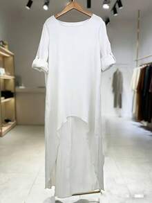 Women's Linen Irregular Long Top Round Neck Loose Shirt Vintage Front Short Back Long Elegant Spring Autumn Versatile Fashion Personality Blouse - trắng - Xem 4