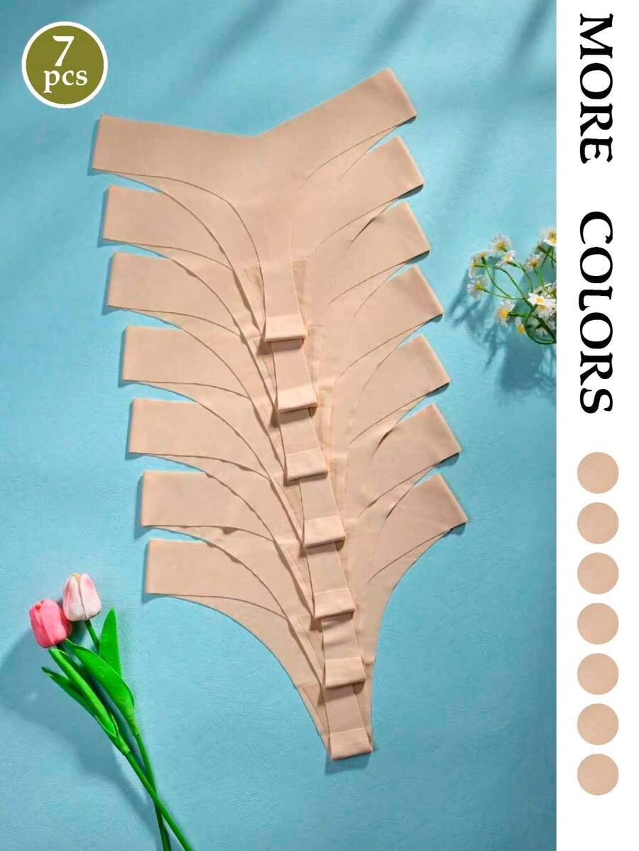 7 buc/set chiloți tanga negri solizi pentru femei, lenjerie intimă confortabilă, sexy, cu talie joasă, culoare caisă, culoare solidă - Caisă - Vizualizare 1