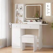 Tocador Hetoy con espejo iluminado y regleta de enchufes, mesa de maquillaje plegable con iluminación ajustable, cajones y taburete acolchado, juego de tocador y taburete para dormitorio - Blanco - Ver 1