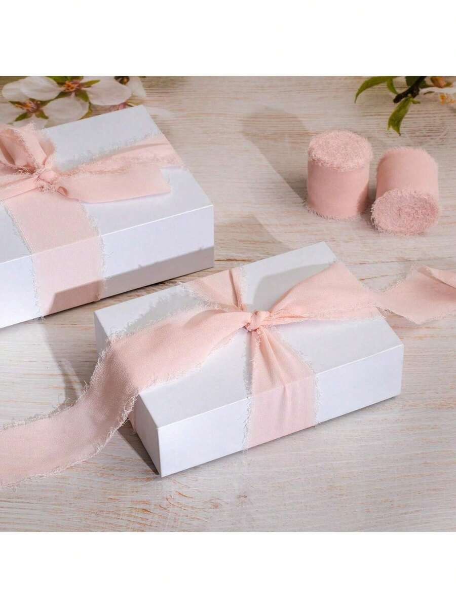 1/2/3 Rolls Handmade Chiffon Ribbon Tassels, 1.5 Inch X 16.4 Feet, Frayed Edges, Suitable For Wedding Invitations, Bridal Bouquets, Gift Wrapping, Crafts, Holiday Decorations, Red, Valentine's Day Party Supplies, Can Be Used For Bridal Bouquets, Gift Wrapping, Wedding Decorations, Crafts. - Baby Pink - View 1