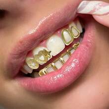 1 Set Fashionable Dual-Tone Smooth Zirconia Star Hollow 6-Tooth Grillz, Unisex Daily, Nightclub, Party Cool Accessory Teeth Grillz