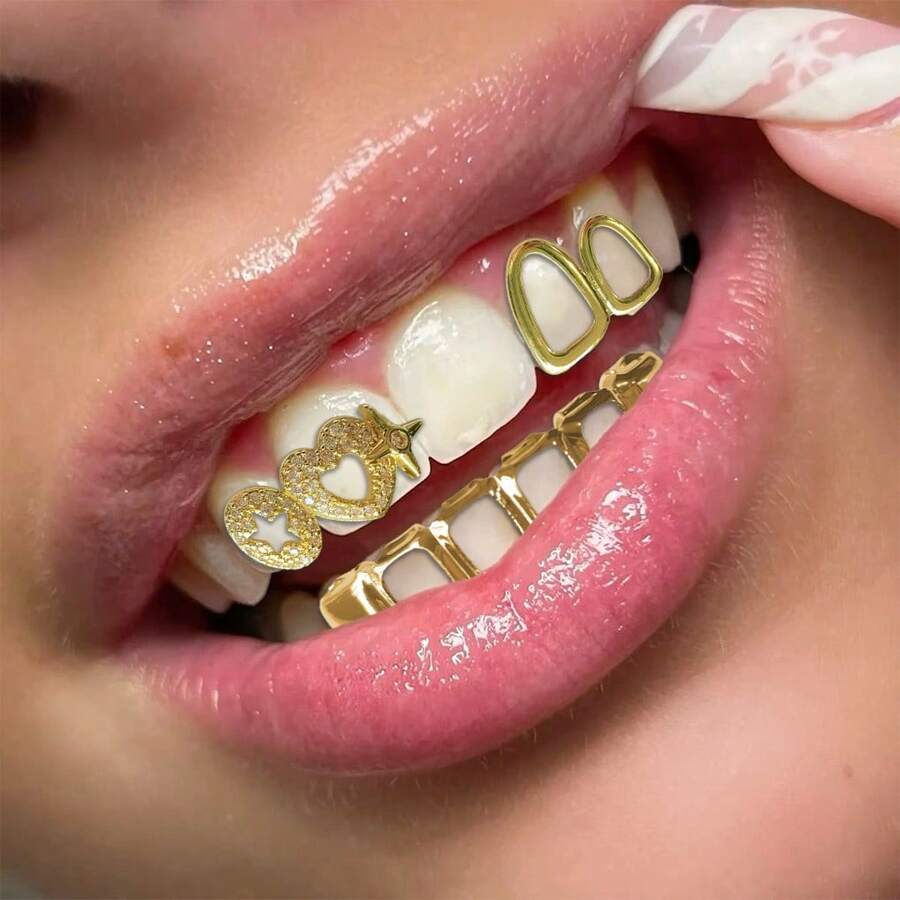 1 Set Fashionable Dual-Tone Smooth Zirconia Star Hollow 6-Tooth Grillz, Unisex Daily, Nightclub, Party Cool Accessory Teeth Grillz