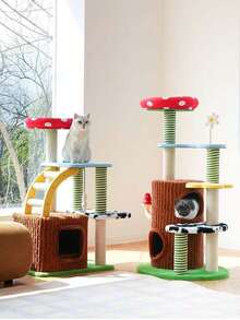 1pc Three-Tier Cat Climbing Frame Linen Braided Columns Felt Base Cat Claw Grinding Toy Cats Climb Treehouses Frame Interactive Cat Scratching Post With Hanging Mouse Hard-Wearing Cat Supplies