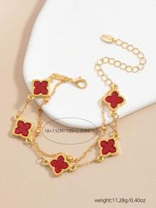 1pc Lucky 5-Leaf Clover Casual/Business Style Bracelet For Men, Daily Wear & Gift (No Gift Box, Random Number Of Beads On First Layer) - Red - View 3