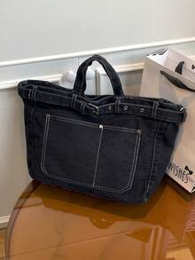 Large Capacity Fashion Casual Tote Bag, Retro Washed Denim, Shoulder Bag With Detachable Strap, Unique Design Handbag, Suitable For Work, Shopping, Commuting - Multicolor - View 7