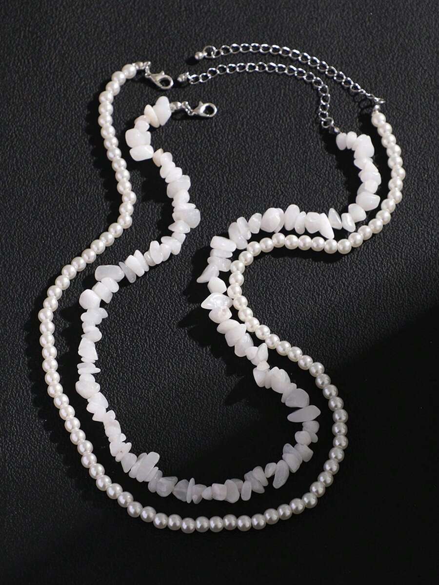 1pc Men's Fashionable Double-Layer Asymmetrical White Stone & Pearl Necklace, Suitable For Daily Wear And Gatherings - White - View 1