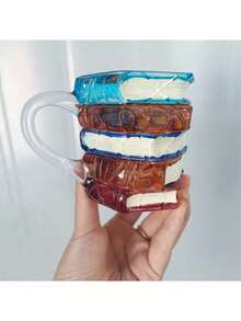 1pc Handpainted Glass Book-Shaped Coffee Mug, Unique Stacked Book Coffee Cup - Multicolor - View 7