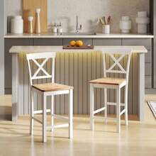 Set Of 2 Bar Stools With Backrest And Footrest, Made Of Rubberwood, For Kitchen, Dining Room, Bar, Oak And White - White - View 2