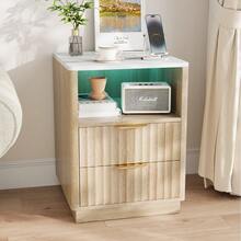 VOWNER Fluted Nightstand With RGB Lighting & Power Outlet, 2 Drawers For Storage, Bedside Table, Modern End Table For Bedroom, Living Room, Gifts For Christmas - 橡木色+白色大理石 - 查看 11