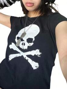 Women's Y2k Grunge Short Sleeve T-Shirt Round Neck Slim Fit Baby Tee Gothic Skull Print Party Shirts Vintage Casual Going Out Tops Streetwear - Hồng - Xem 3