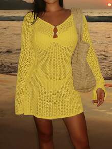 Damen Lange Ärmel Ausschnitt Badeanzug Strandkleid, eleganter Boho Bademode Stil, V-Ausschnitt Rock - Gelb - Übersicht 7