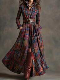 Gonna lunga da donna, plaid vintage alla moda e multicolore, design con orlo extra ampio, abito camicia con bottoni elegante, perfetto per feste e raduni (cintura non inclusa)