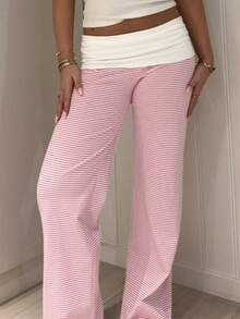 Sunny Girly Spring Women's Back To School Striped Straight-Leg Pants, With A White Ruffled Waist Design, Suitable For Valentine's Day Wear
