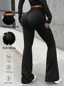 Aoqta 运动女士休闲纯色高腰提臀喇叭裤夏季健身运动服，适合健身房锻炼、瑜伽、跑步等运动。 - 黑色 - 查看 3