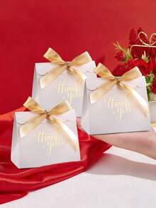 10pcs/5pcs/1pc Small Gift Bags, Dimensions 4.5x1.8x3.9 Inches, Compact Thank-You Gift Bags, Mini Gift Bags With Bows, Red Kraft Paper Bow Ribbon Mini Thank-You Gift Bags, Red Pattern Paper Gift Bags, Suitable, Small Paper Gift Bags With Gilding Patterns, Mini Candy Bags, Small Paper Gift Bags With Gilding Patterns Mini Candy Bags - White - View 5