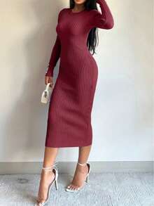 Autumn Winter Ribbed Knit Midi Dress - Burgundy - View 2