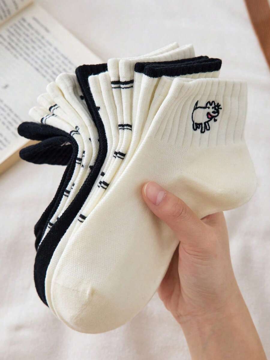 5双装女士可爱透气狗狗图案隐形短袜/中筒袜，舒适柔软，白色/黑色，适合日常休闲穿着，秋冬季 - 彩色 - 查看 1