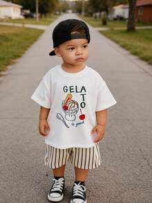 1pc Boys' Casual Noodle Print Round Neck Short Sleeve T-Shirt, Summer Student Young Children Clothing - White - View 2