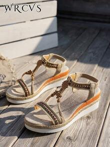 WRCVS Beige Women's Sandals, Strap Shoes, Summer Platform Thick Bottom Sandals, Rope Bottom Fashionable Holiday Sandals, Handmade Beaded Sandals, Random Woven Pattern Bohemian Style Wedge Sandals - Beige - View 6