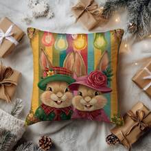 1件复古兔子印花抱枕套，45厘米 x 45厘米/18英寸 x 18英寸，复活节风格装饰抱枕套，100%涤纶，手洗，拉链封口，适用于客厅、卧室、沙发、床、户外装饰，不含枕芯 - 彩色 - 查看 1