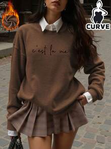 Women's Casual Fashion Letter Print Warm T-Shirt, Back To School Clothes, School Outfit Ideas, Back To School Essentials, First Day Of School Outfit, Back To School Outfits 2026 - Brown - View 3