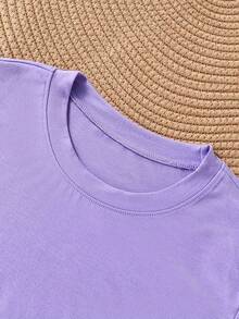 Talla grande - [Gato brillante | Cómodo] Camiseta de manga corta de cuello redondo casual con estampado de gato brillante cómodo, adecuada para verano y primavera, camiseta de mujer - Morado claro - Ver 3