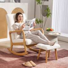Rocking Chair With Footrest, Rocking Chair With Fleece Cover, Armrests, High Back, Wooden Glides, Upholstered Rocking Chair, Reclining Chair, Nursing Chair For Living Room, Bedroom, White - Apricot - View 2