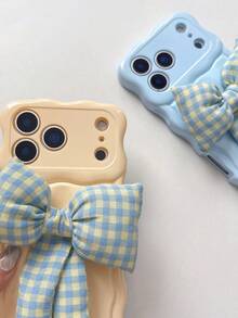 蝴蝶结极简时尚波浪陨石格纹蝴蝶结手机壳，兼容 17/16/15/14/13 - 淺藍色 - 查看 4
