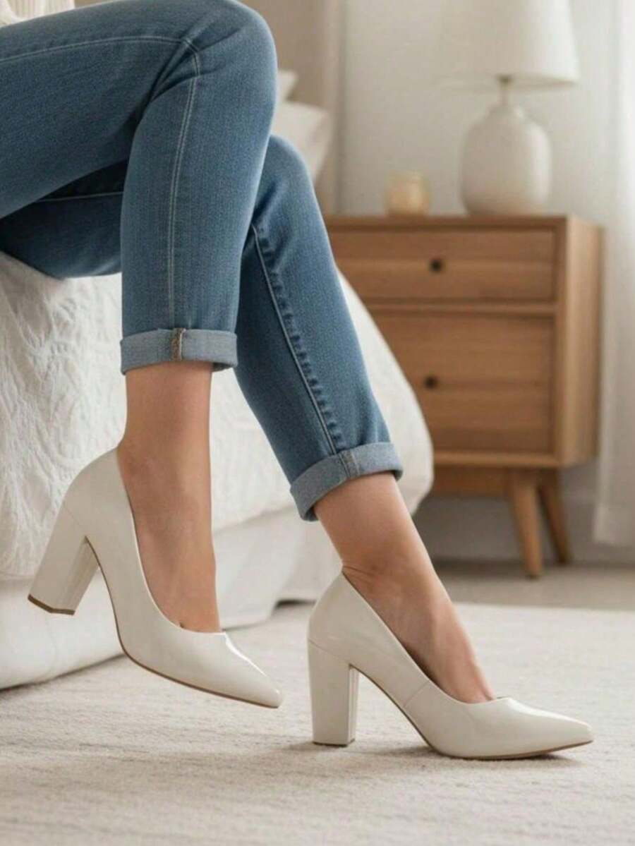 Women's Patent Leather High Block Heel Pump (9.5 Cm) Elegant And Comfortable Winter 2026 Black, Red, Nude, Pink, Blue, , Pink - 白色 - 查看 1