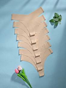 7 buc/set chiloți tanga negri solizi pentru femei, lenjerie intimă confortabilă, sexy, cu talie joasă, culoare caisă, culoare solidă - Caisă - Vizualizare 2