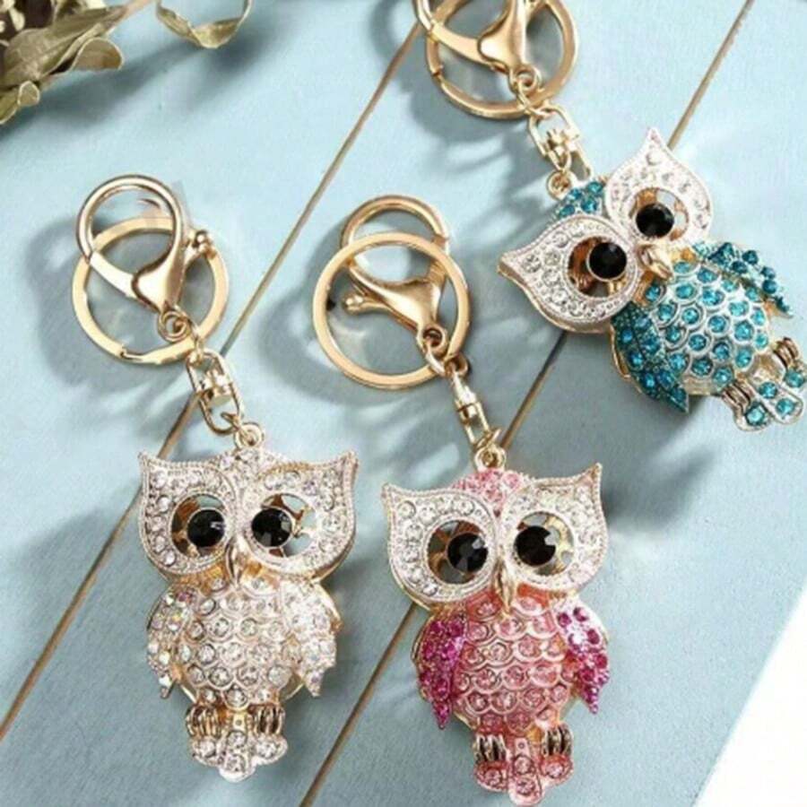 1pc Sparkling Rhinestone Owl Pendant, Creative Bag Charm, Cartoon Owl Keychain In Blue, Pink, Champagne, Gift For Boyfriend/Girlfriend, Best Friend, Coworker, Birthday, Parents - Multicolor - View 1